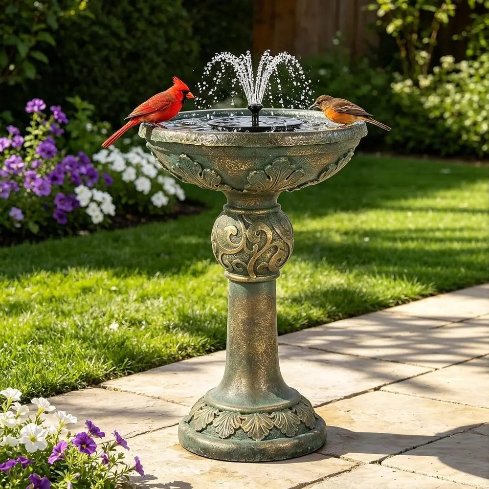 Weather-Resistant Outdoor Water Fountain with LED Lights, Resin Garden Decor for Patio Yard, Bird Bath Feature