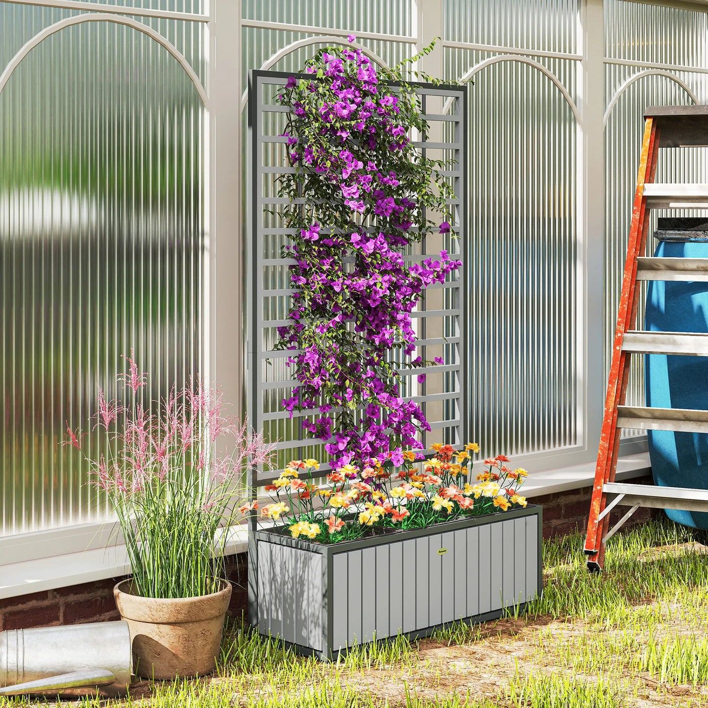 Raised Garden Bed, Planter Box with Trellis, Removable Pots, Gray