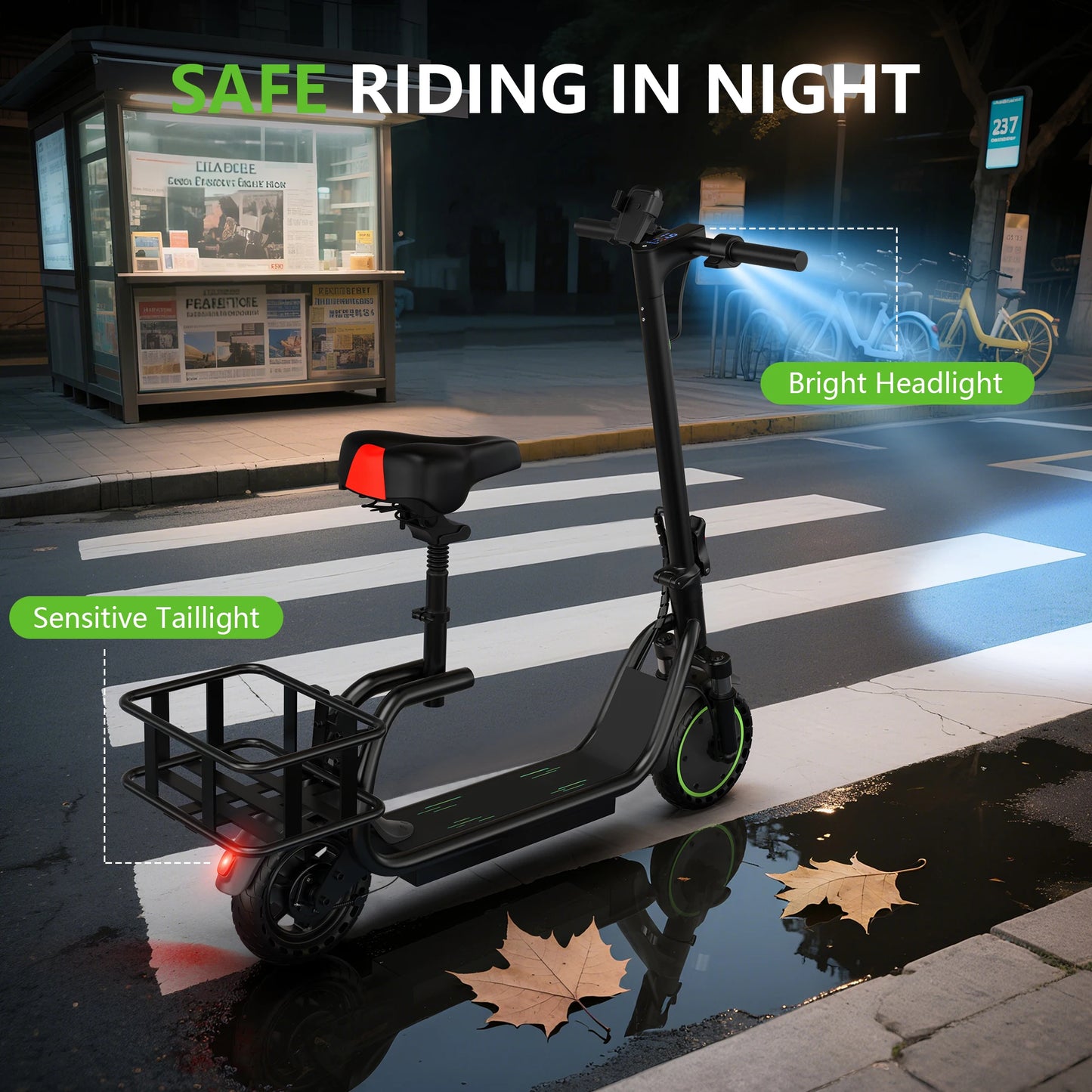 Maxshot 8.5'' Electric Scooter with Seat & basket,350W Motor, Top Speed 19mph, Max 17/25 Miles Ranges, Foldable E-Scooter with Suspension &Adult, Digital Display, Cruise Control