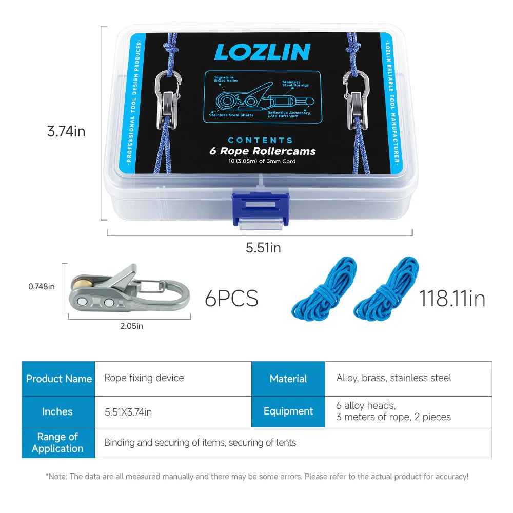 LOZLIN 8-Piece Rope Set with Roller Tensioners, Equipped with Locking Clips for Secure Binding Heavy-Duty Retractable Tie Down Rope for Camping Tarp Boating Hammock