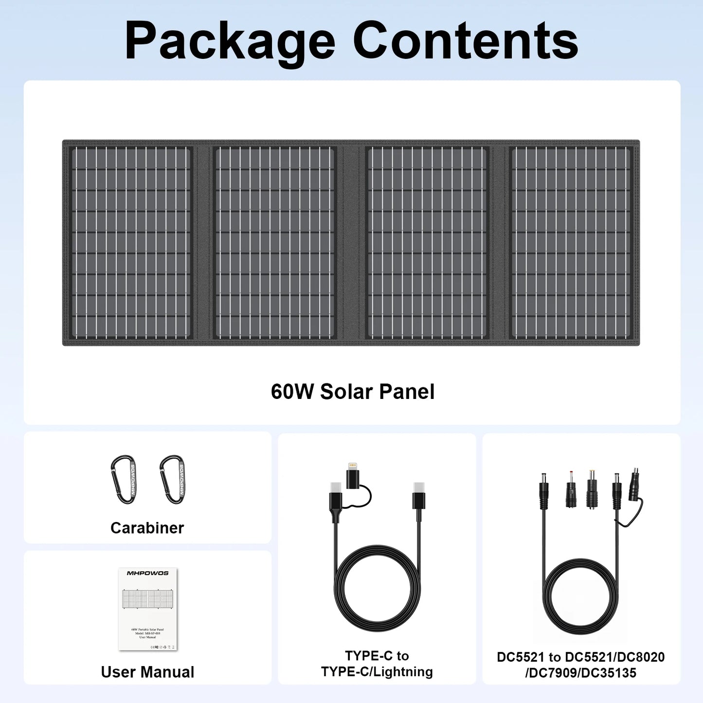 MHPOWOS 60W Foldable Solar Panel 18V Portable Solar Charger for Power Supply Laptop Solar Generator Fishing Camping Phones