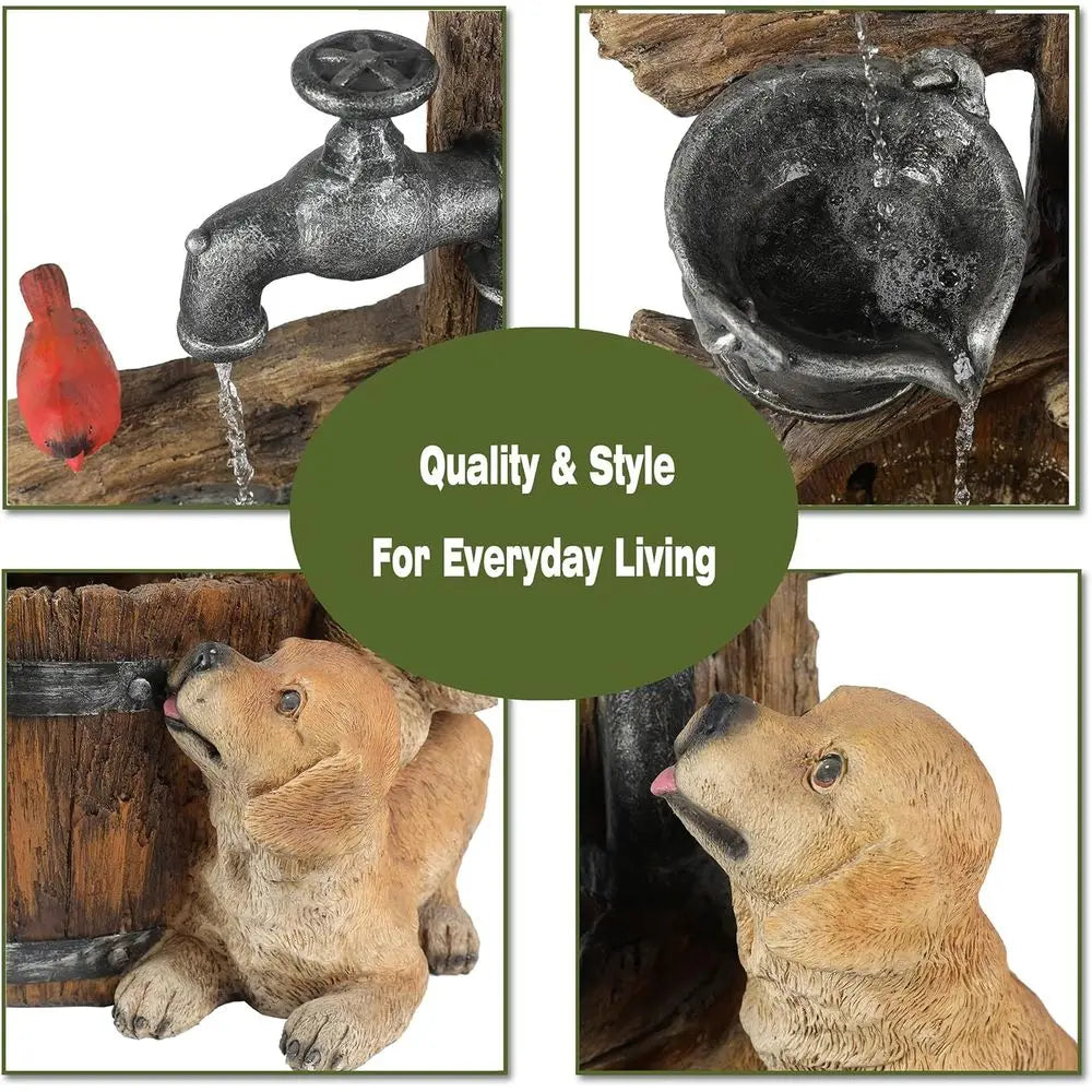 30 Rustic Outdoor Water Fountain with LED Lights, Barrel Puppy Design, Ideal for Garden or Indoor Entryway