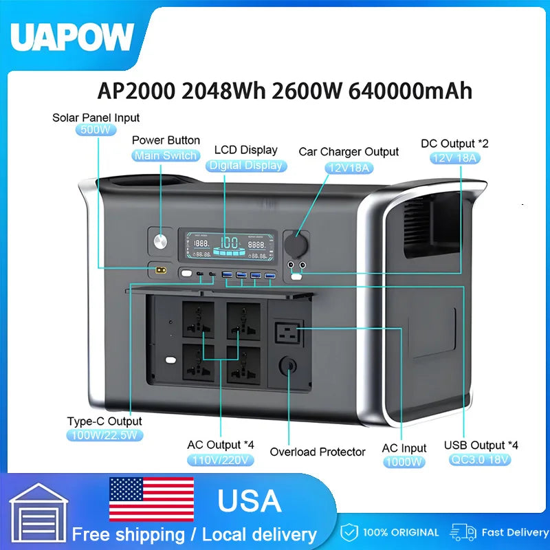 2048WH 2400W  640000mAh Portable Power Station 110V Lifepo4 Battery Powerful Power Bank Solar Generator Emergency Power Supply