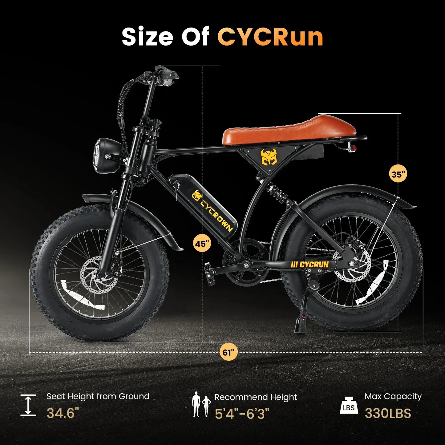 Cycrown RUN adult E-bicycle 750W electric bicycle 36V 10.4Ah dual battery, 20-inch fat tire off-road E-Mountain bike