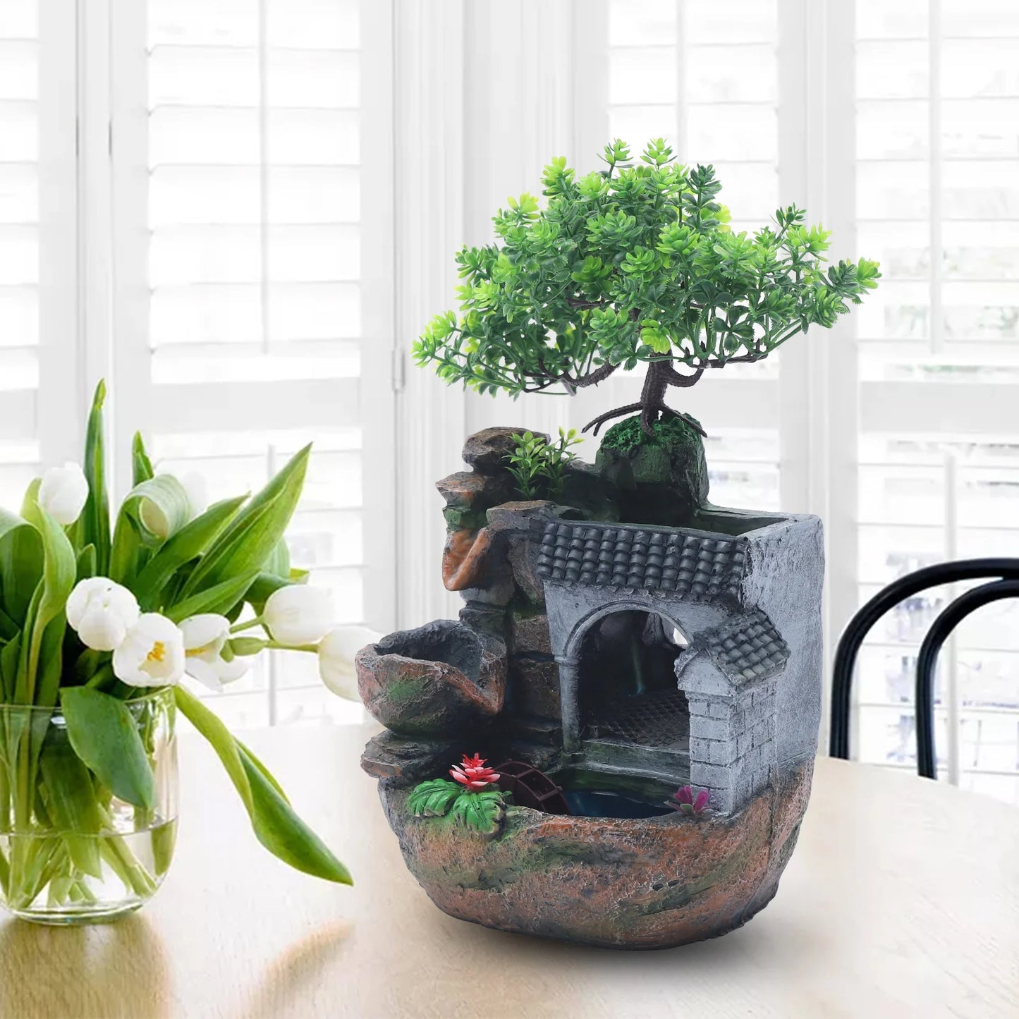 Tabletop Water Fountain with LED Light, Desktop Ornaments Resin Rockery Ornament for Office Living Room Desk Decor