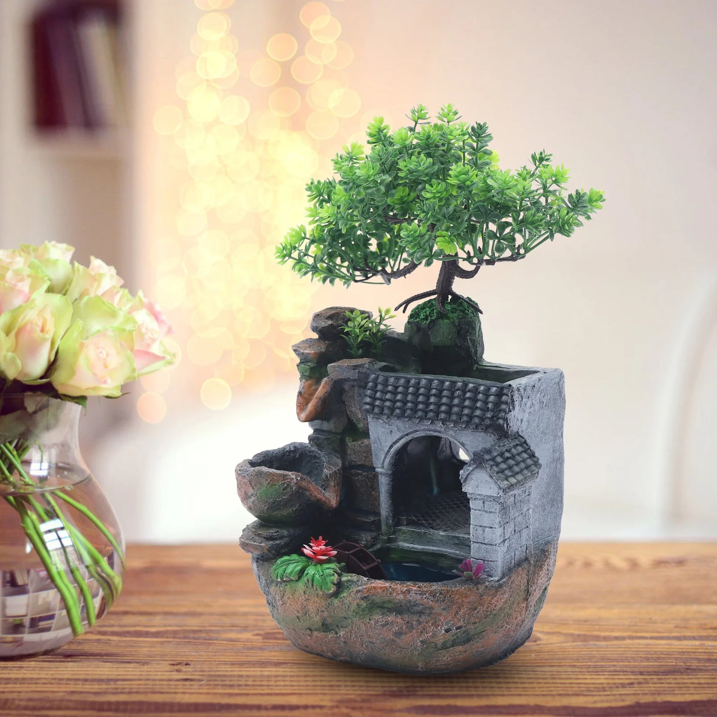 Tabletop Water Fountain with LED Light, Desktop Ornaments Resin Rockery Ornament for Office Living Room Desk Decor
