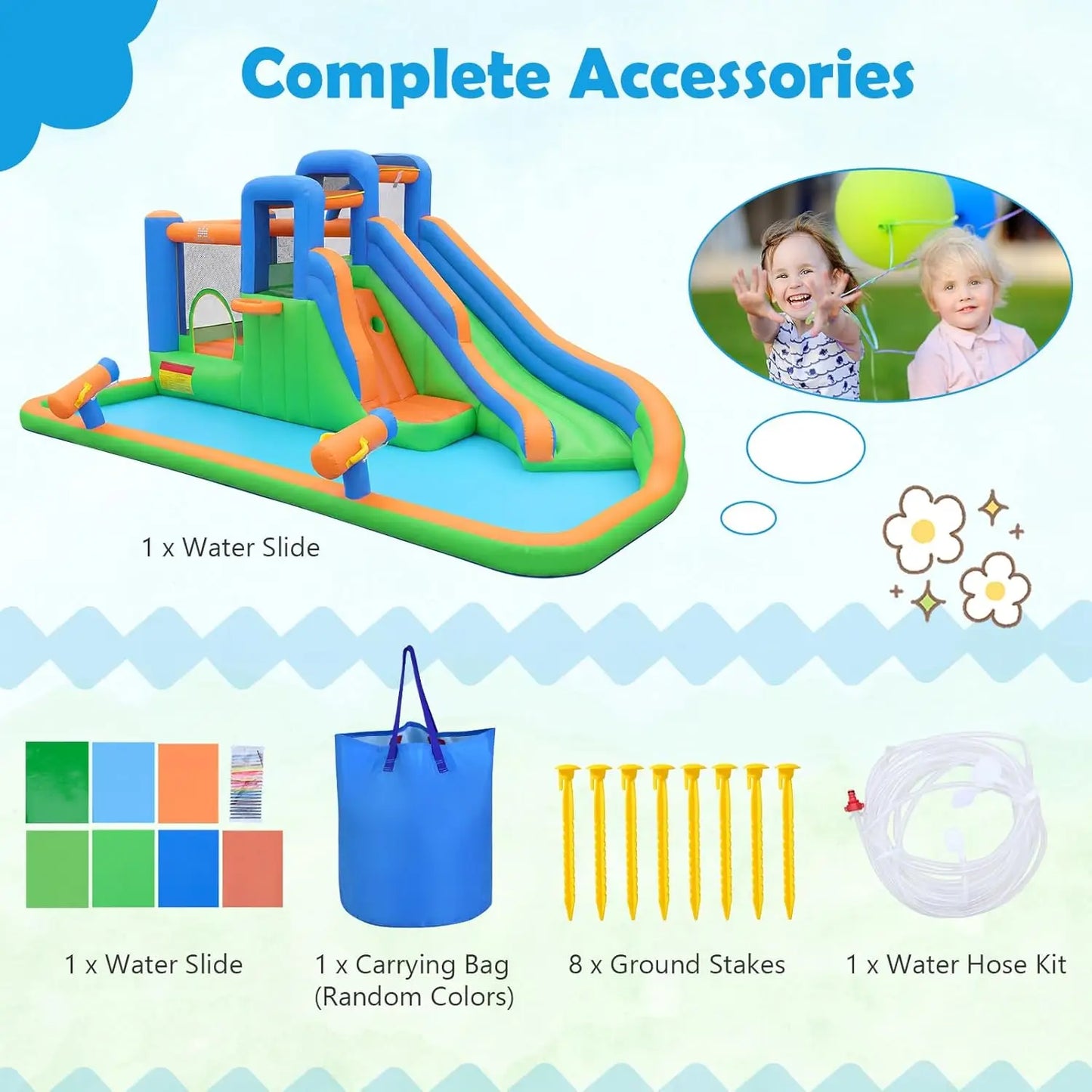 Inflatable Water Slide Bounce House, Kids Water Park Jump Castle w/Large Splash Pool, 2 Climbing Walls, Water Slides Inflatables