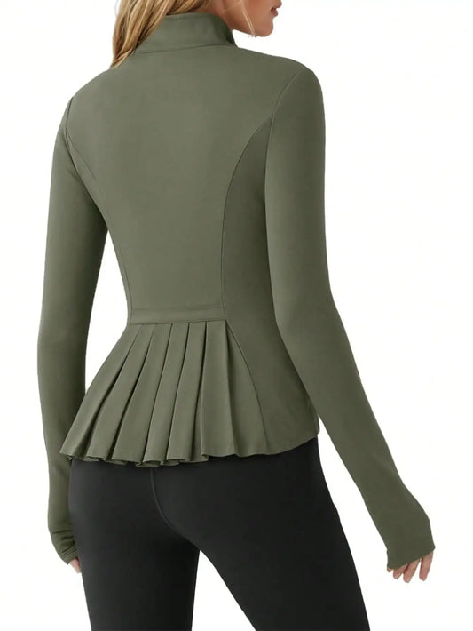 Fisoew Pleated Athletic Jacket, Women's Slim Fit Zip-Up Workout Top With Stand Collar & Thumb Holes, Athleisure Wear
