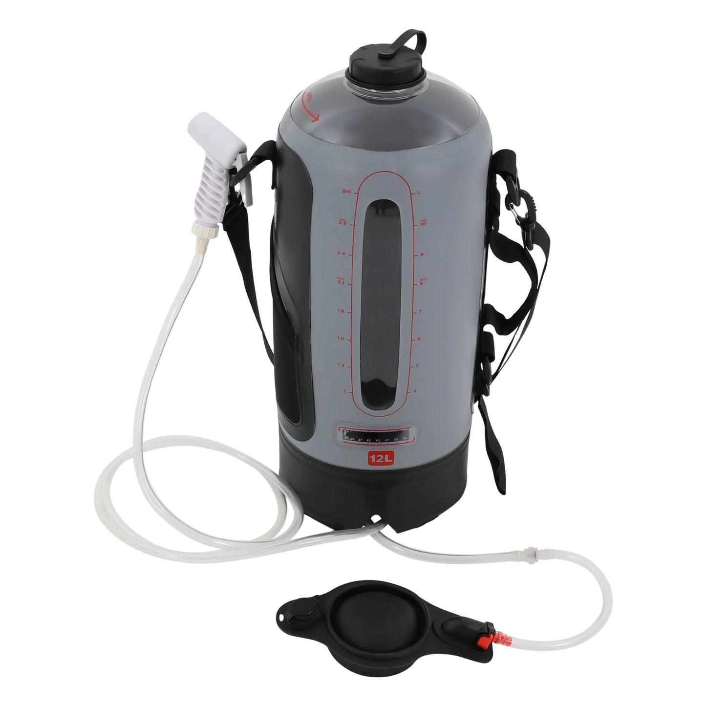 12L Portable Camp Shower, Hands-Free Pressure Camping Shower, Solar Heated Outdoor Shower Bag with Hose & On/Off Valve
