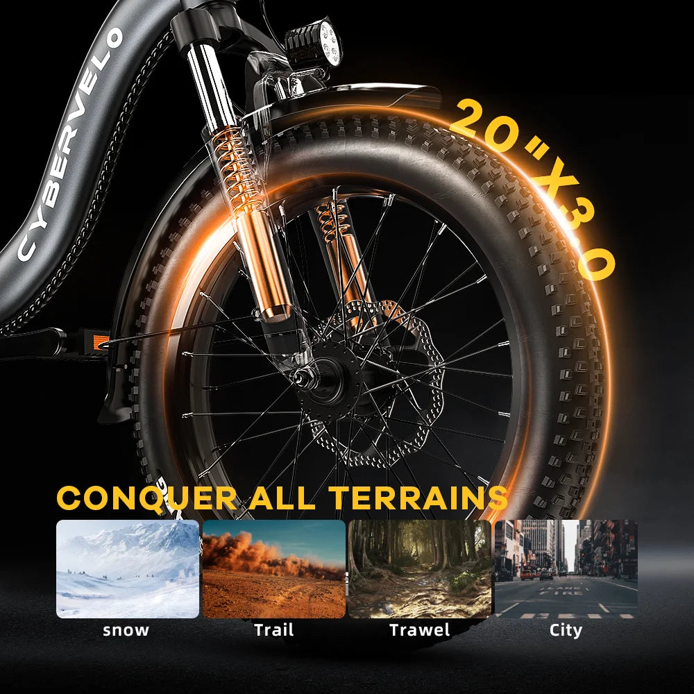 1000W Peak 20" Fat Tire Foldable Electric Bike, 48V 20Ah Removable Battery, All Terrain Adult Commuter Ebike Cybervelo Mars700