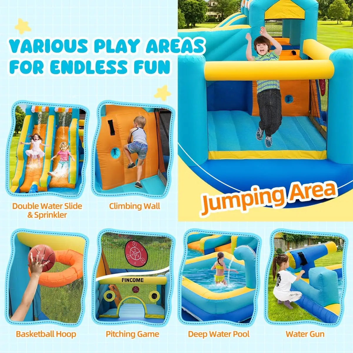 FINCOME Inflatable Bounce House, 10 in 1 Double Water Slide Bounce House with 750W Blower, Climbing Wall, Jumping, Water Gun, Sp