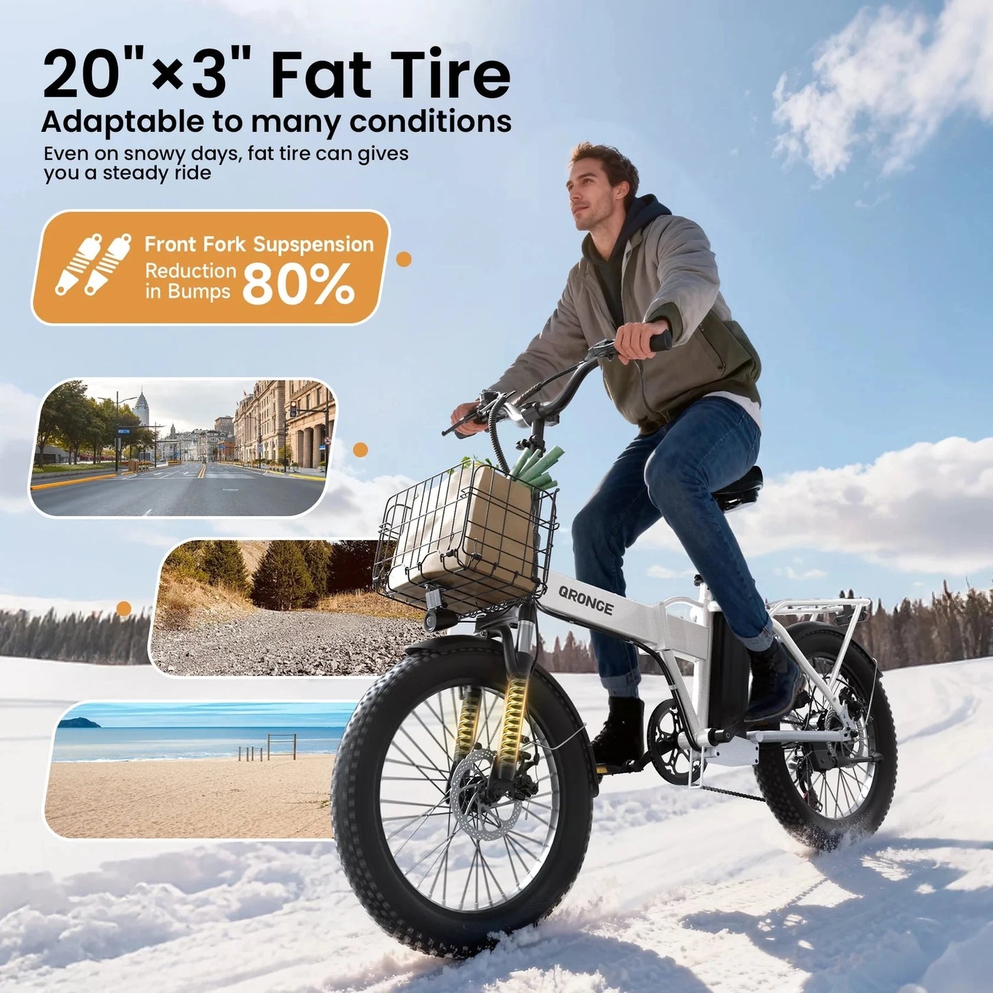 QRONGE Waterfall Folding Electric Bicycle 1000W Peak 48V 13.5AH 20" Fat Tire Electric Bike 70 Max Miles E-bike Commute 28MPH max
