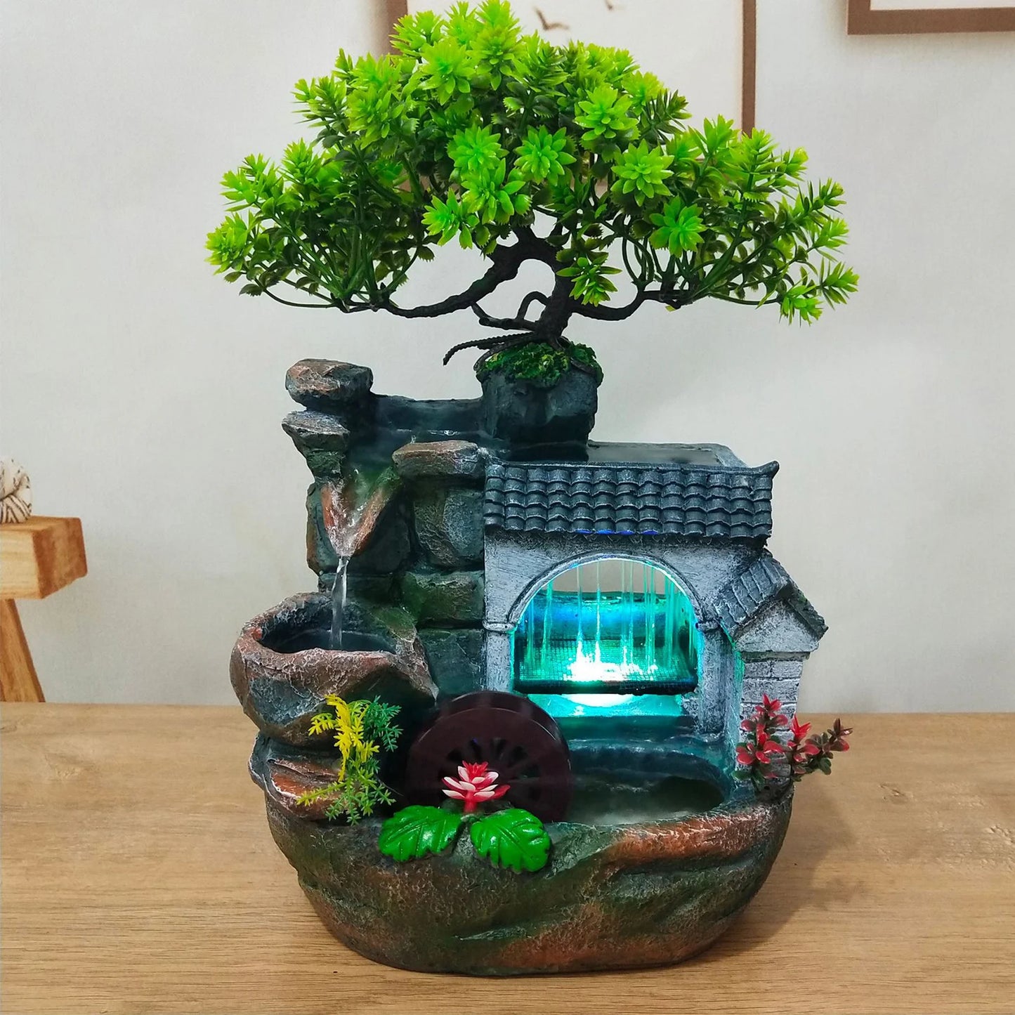 Tabletop Water Fountain with LED Light, Desktop Ornaments Resin Rockery Ornament for Office Living Room Desk Decor