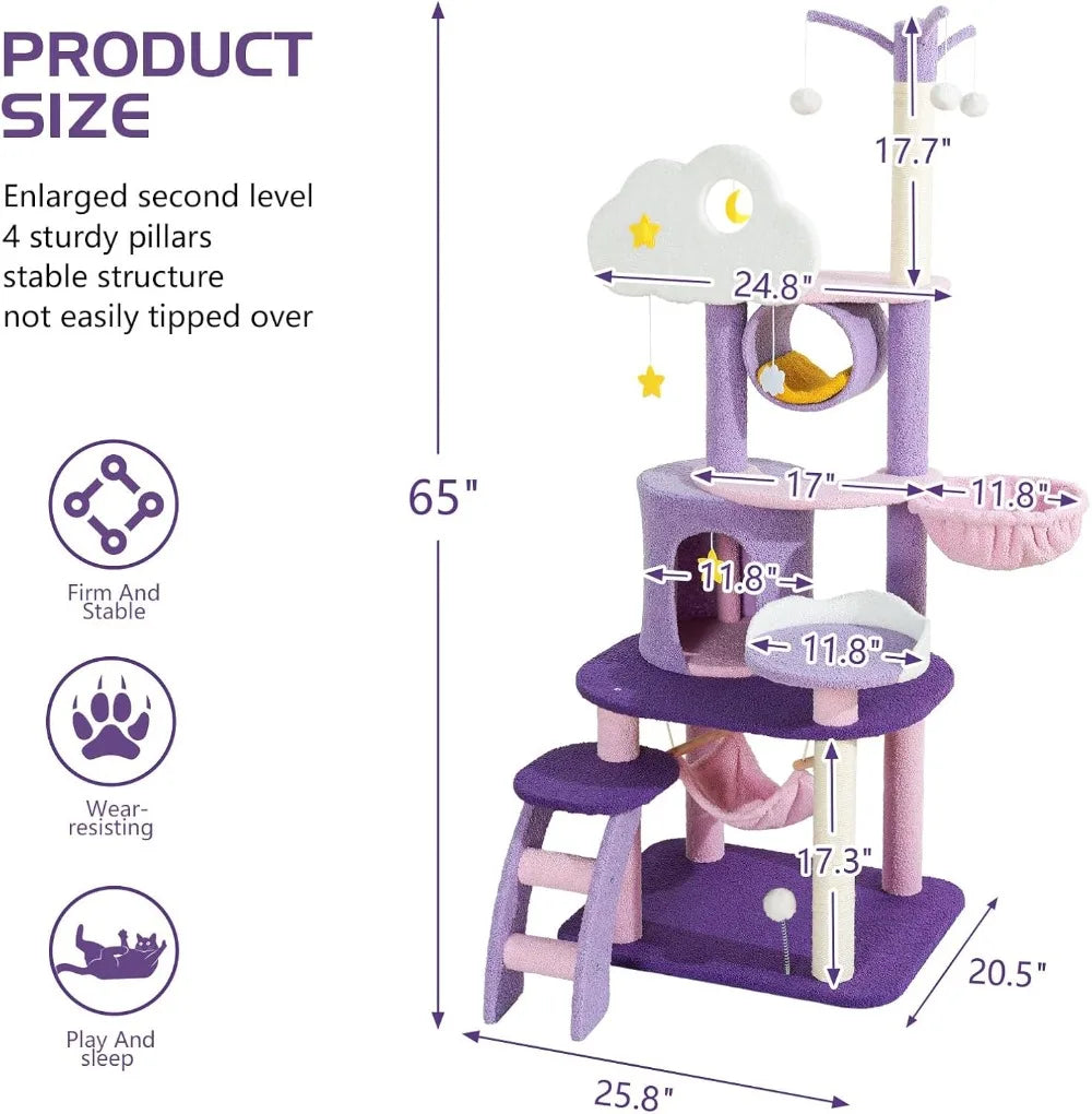 Cat Tree 65in Indoor Cat Tower Large Tall for Cats, Purple Pink Cloud Cat Tree with Scratching Post Hammock