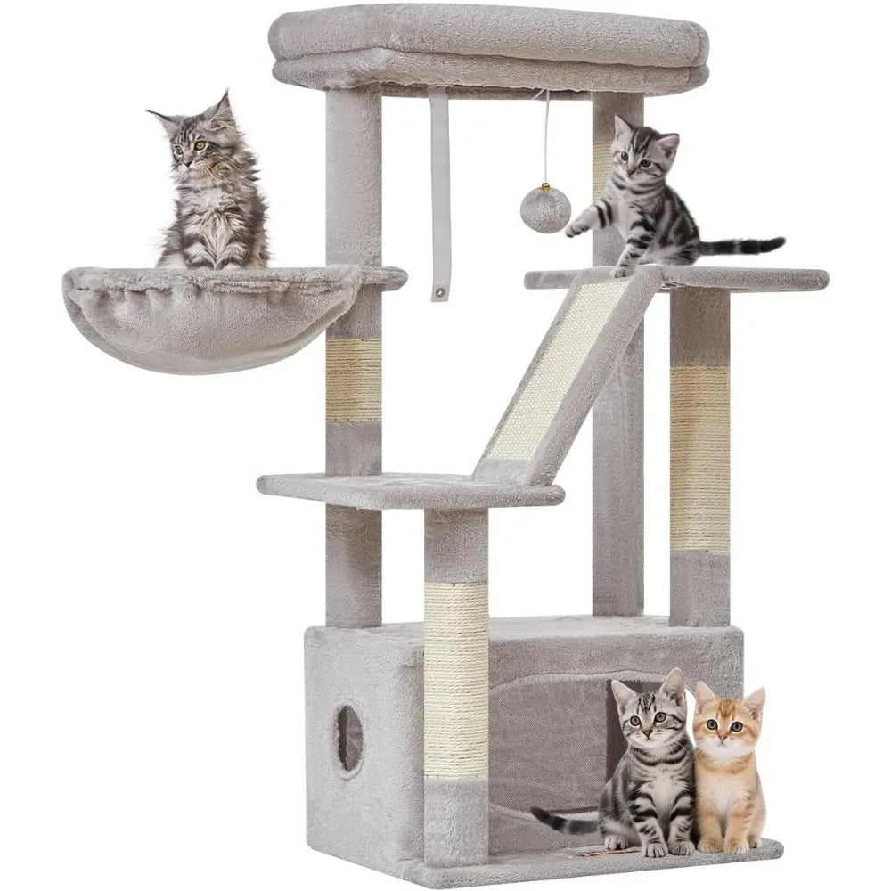 Tall 38 Inch Cat Tree with Condo Adjustable Basket and Plush Perch Tower for Indoor Kittens Light Gray