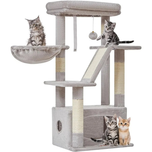 Tall 38 Inch Cat Tree with Condo Adjustable Basket and Plush Perch Tower for Indoor Kittens Light Gray