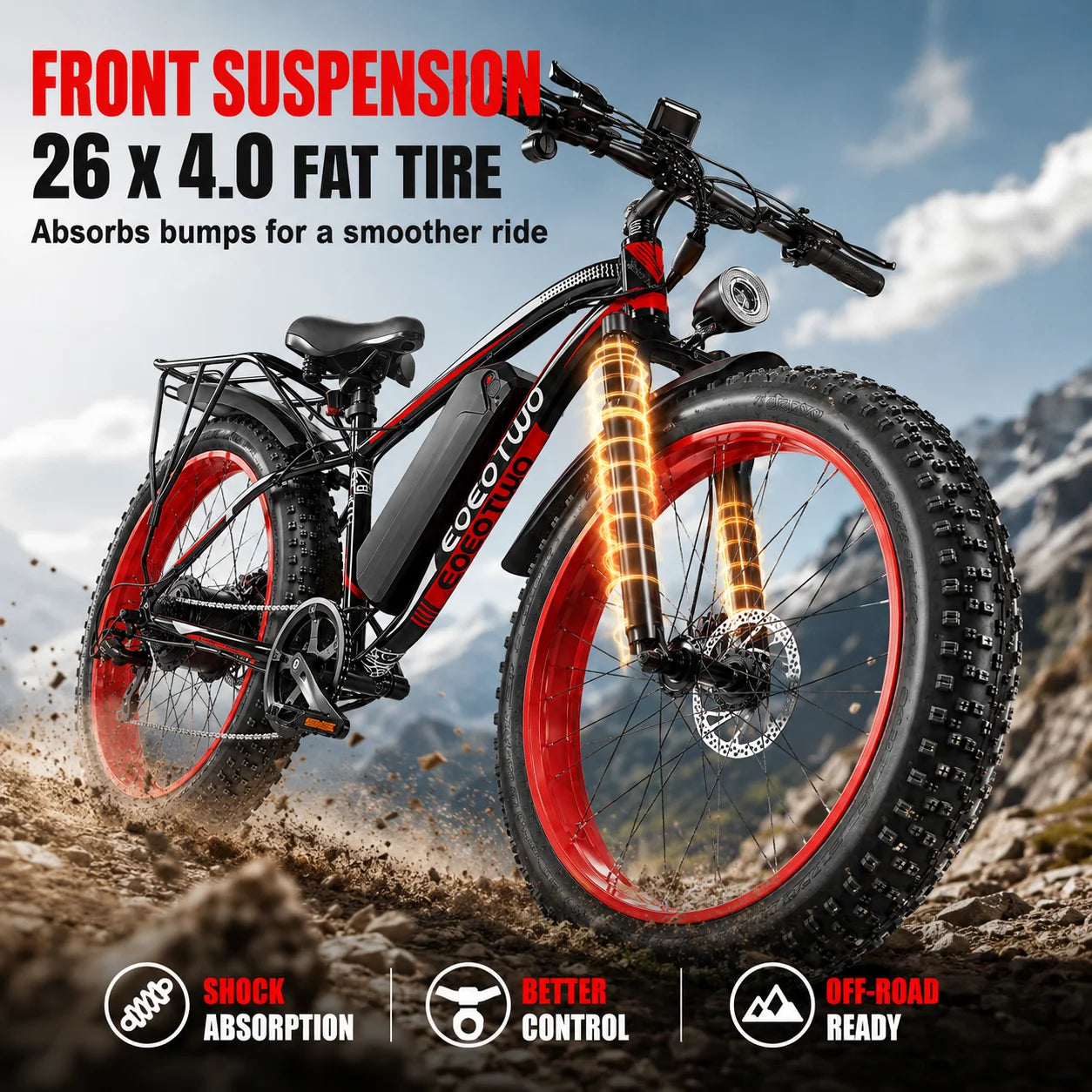 EOEOTWO E01 26" Fat Tire Electric Bike for Adults, 1000W Motor 1500W Peak, 48V 15Ah Battery, 34 MPH Max Speed, Up to 60 Miles Long Range