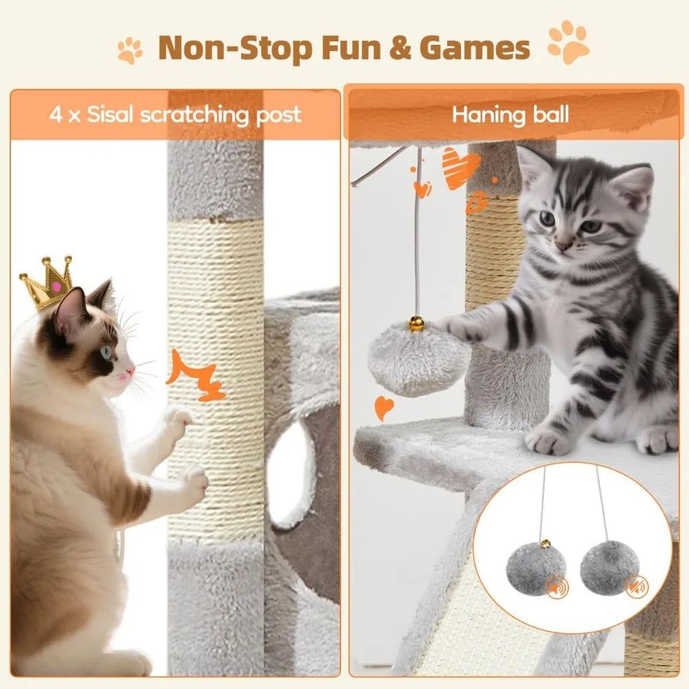Tall 38 Inch Cat Tree with Condo Adjustable Basket and Plush Perch Tower for Indoor Kittens Light Gray