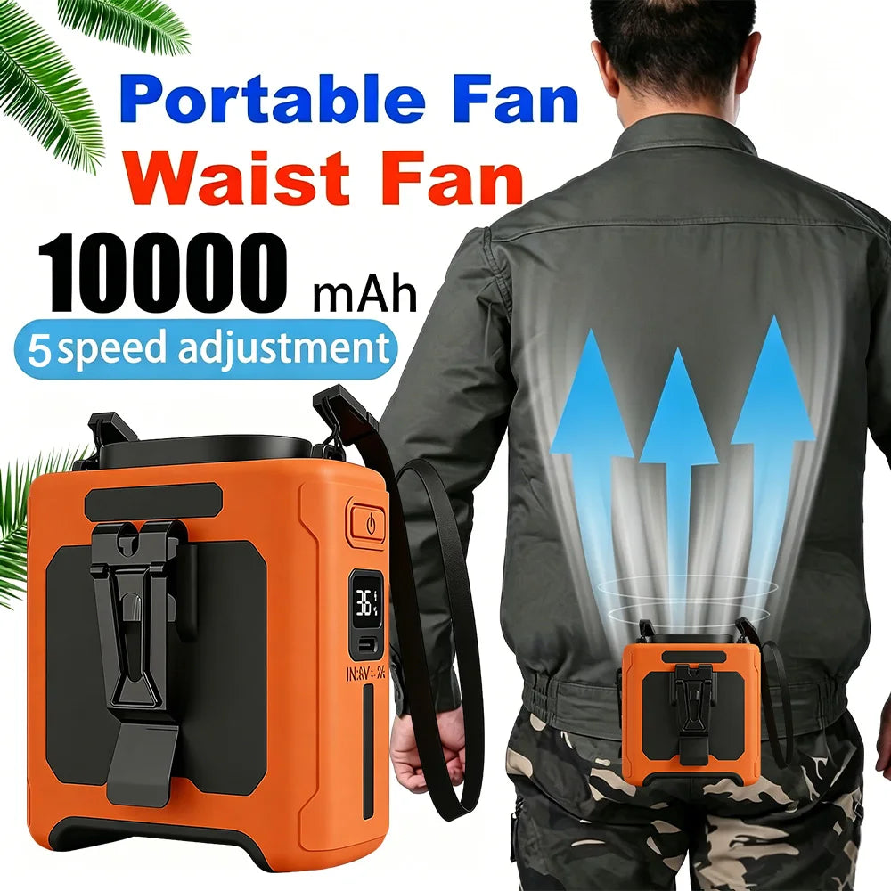 10000mAh Waist Fan Portable Handheld Hanging Neck Fan Ultra-Strong Wind with Phone Charging LED Light For Outdoor Camping Travel