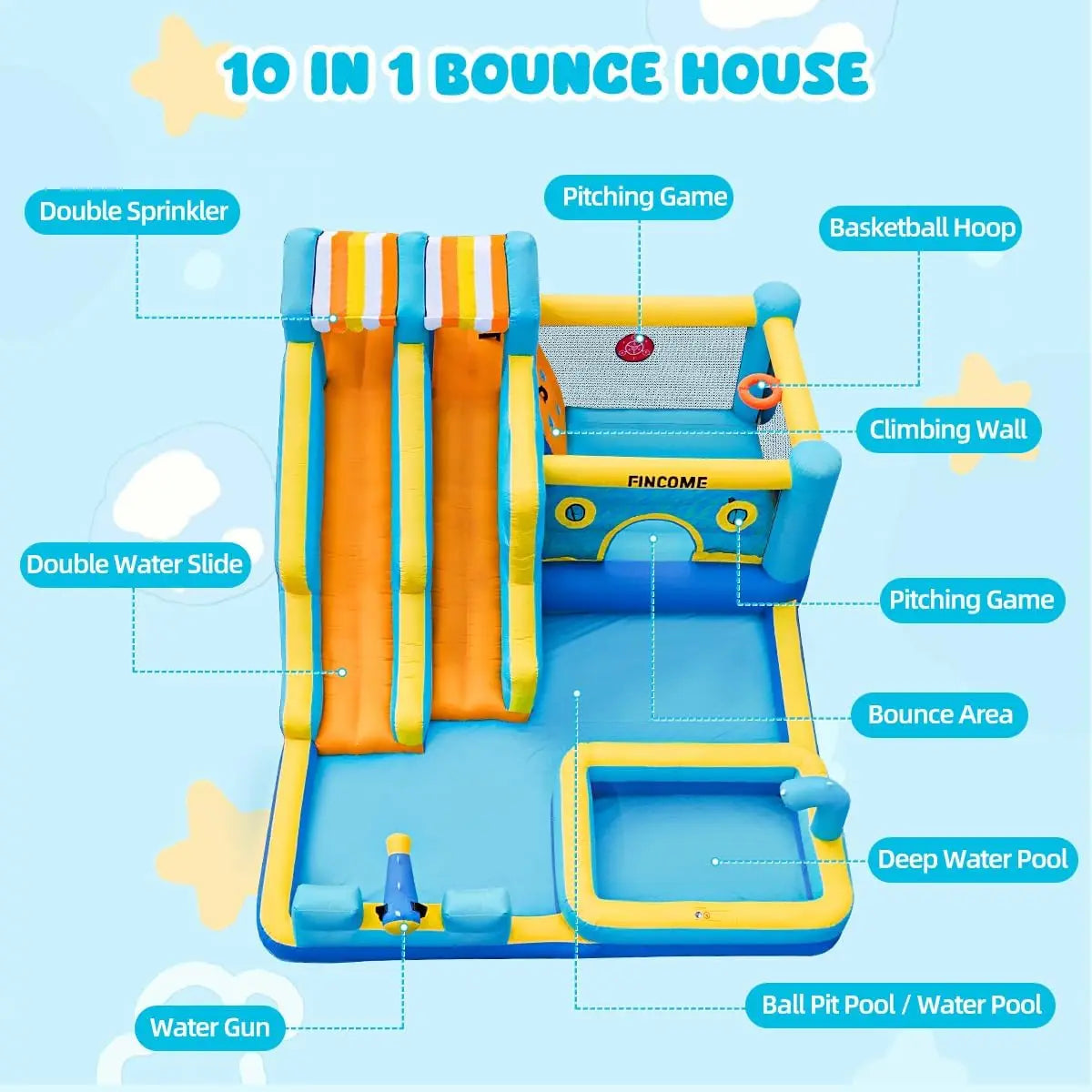 FINCOME Inflatable Bounce House, 10 in 1 Double Water Slide Bounce House with 750W Blower, Climbing Wall, Jumping, Water Gun, Sp