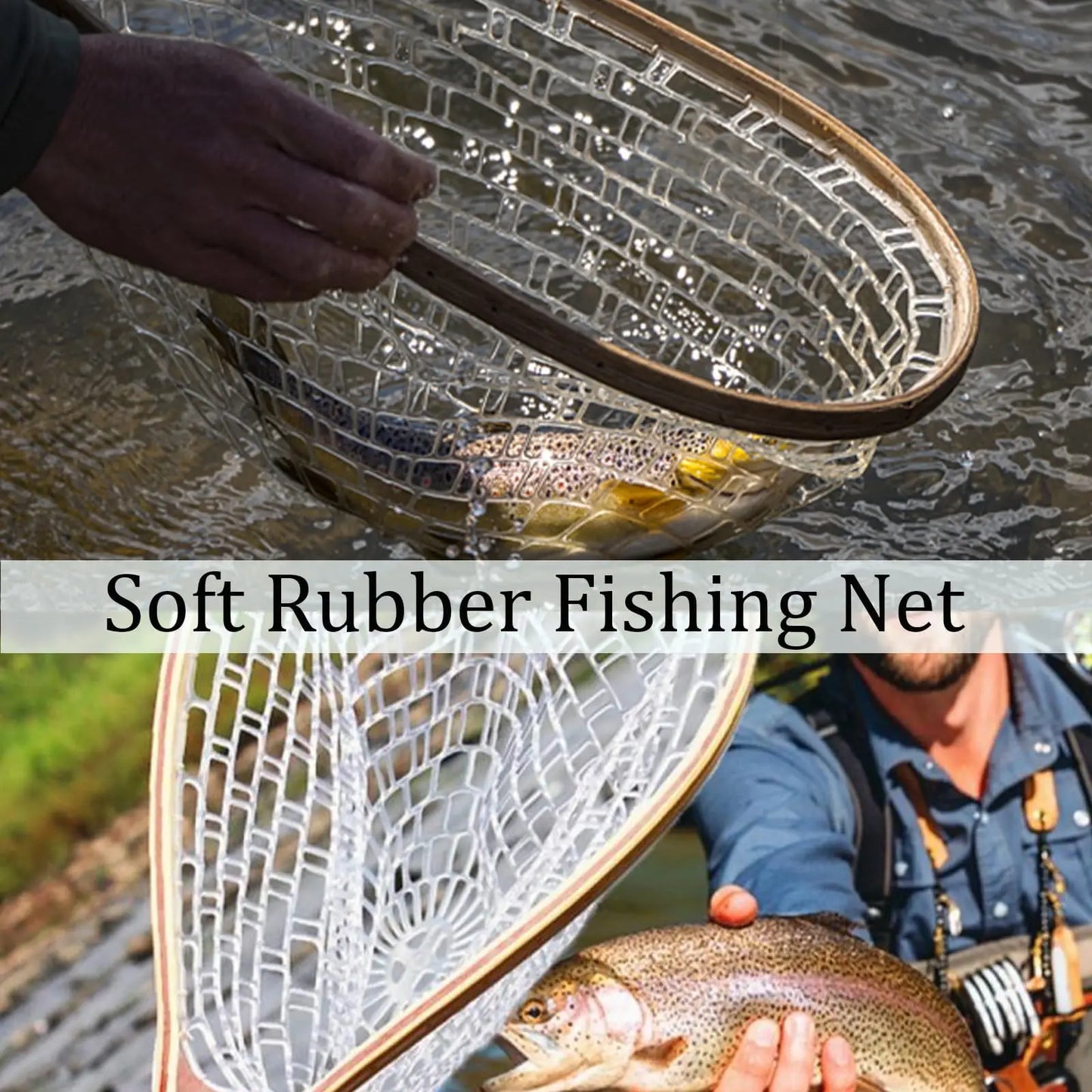 Wooden Frame Fly Fishing Landing Net with Soft Knotless Rubber Mesh, Fish Friendly Catch and Release Net for Trout Bass, Lightweight Wading Tool with Magnetic Release for Angler Gift