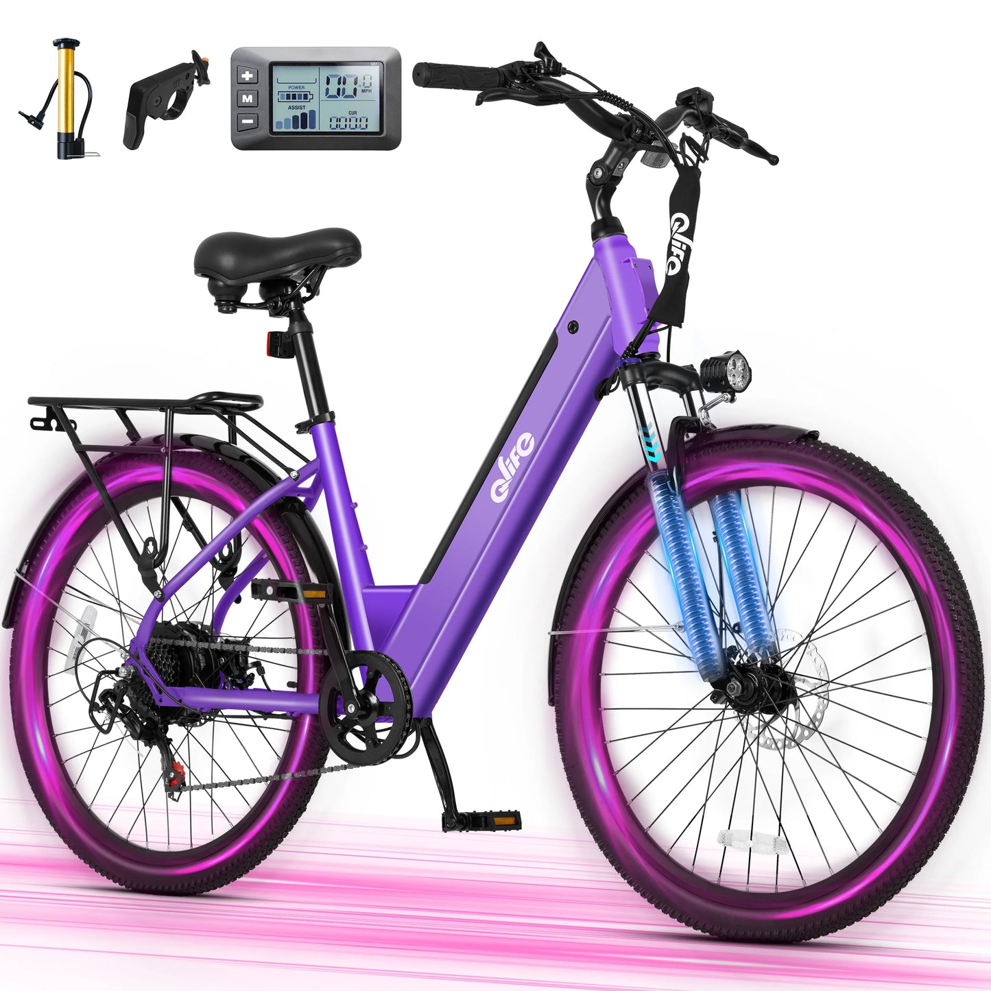 Qlife Cityone ST 2.0  26" Electric Bike for Adults, 1200W Peak Motor 48V 10.4Ah Battery, 28MPH 55 Miles, 7-Speed Electric Bicycle with Front Suspension