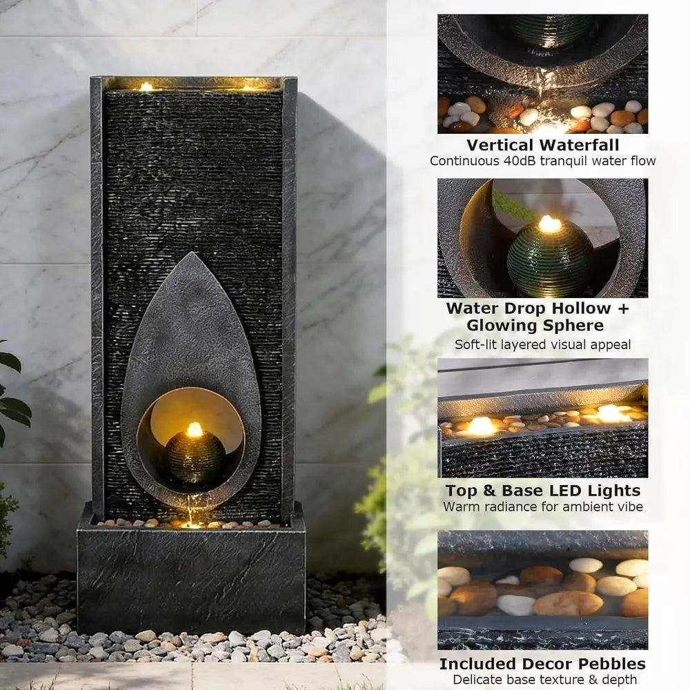 Indoor/Outdoor 46.5 Tall Sphere Fountain with LED Lights for Home and Garden Decor