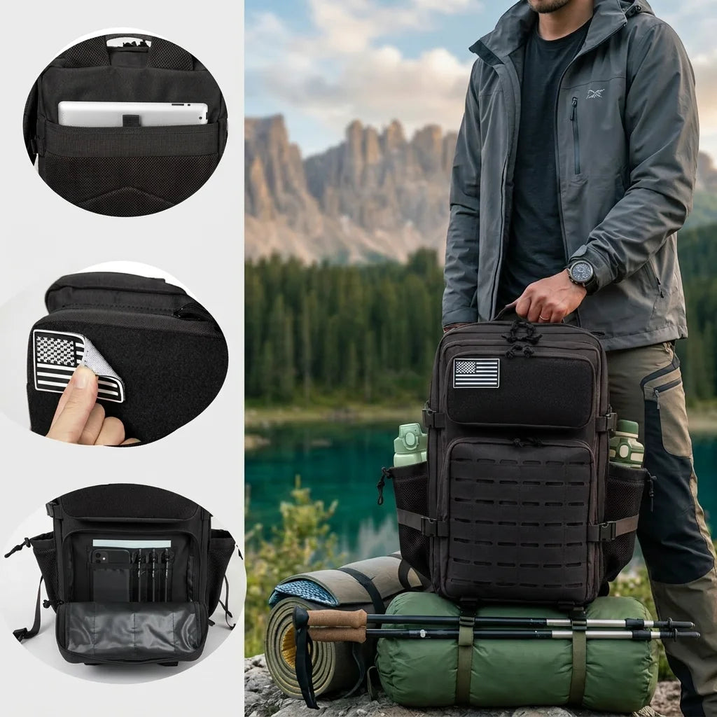 45L Large Capacity Hunting Backpack For Men With MOLLE Webbing System Dual Cup Holders Outdoor Survival Hiking Camping Rucksack For Wilderness Trip Travel Daily Work Commute Outdoor Camping Activities Gear Storage Backpack