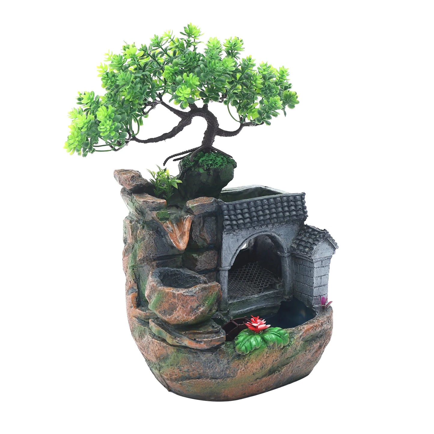 Tabletop Water Fountain with LED Light, Desktop Ornaments Resin Rockery Ornament for Office Living Room Desk Decor