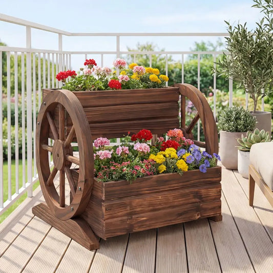 Rustic Wagon Style Two Tier Raised Garden Planter With Drainage