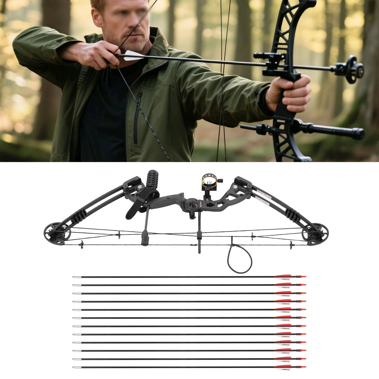 Right Handed Compound Bow Kit Adults and Teens Compound Bow Archery Hunting Equipment with 12 Arrows 30-55lbs Adjustable