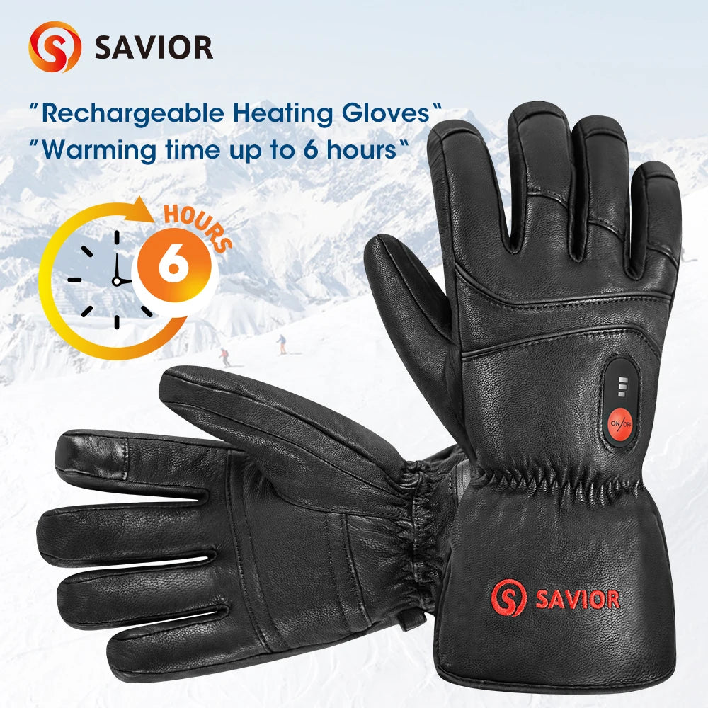 Savior Heat Winter Outdoor Sports Genuine Leather Sheepskin Electric Heating Gloves Motorcycle Gloves Hiking Gloves Waterproof