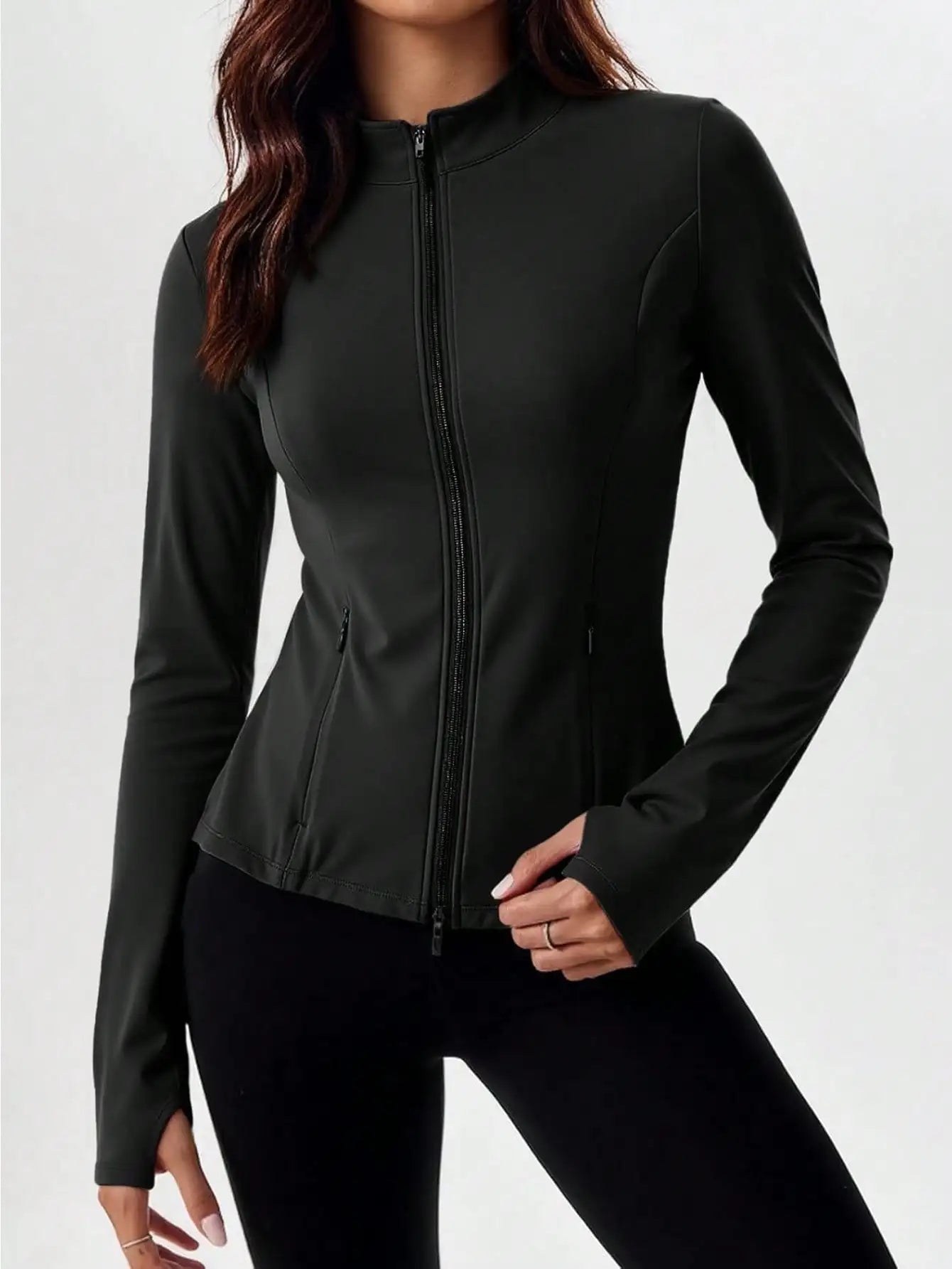 Fisoew Pleated Athletic Jacket, Women's Slim Fit Zip-Up Workout Top With Stand Collar & Thumb Holes, Athleisure Wear