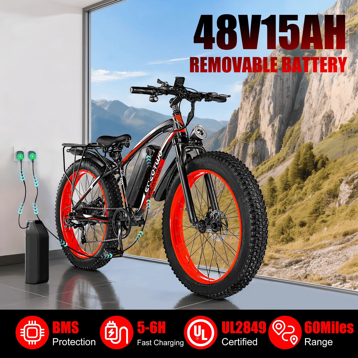 EOEOTWO E01 26" Fat Tire Electric Bike for Adults, 1000W Motor 1500W Peak, 48V 15Ah Battery, 34 MPH Max Speed, Up to 60 Miles Long Range