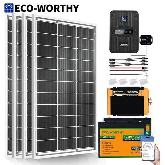 ECO-Worthy 1.6KWH Complete Solar Panel Kit 400W 12V for RV Off Grid: 4 * 100W Solar Panel+40A MPPT Controller+2*12V Battery