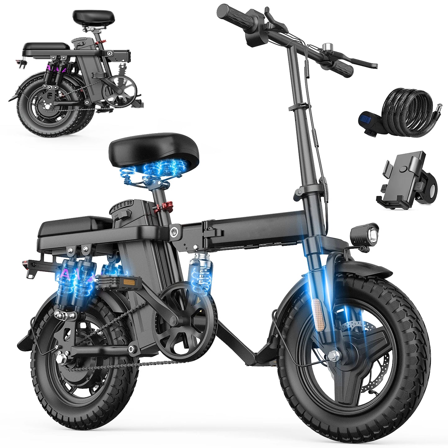 SOPIDBLIK 740W Adult Electric Bike, 48V15AH Battery, Speed 28MPH,Load 500LBS,14inch Folding Electric Bike,Multiple Damping Ebike