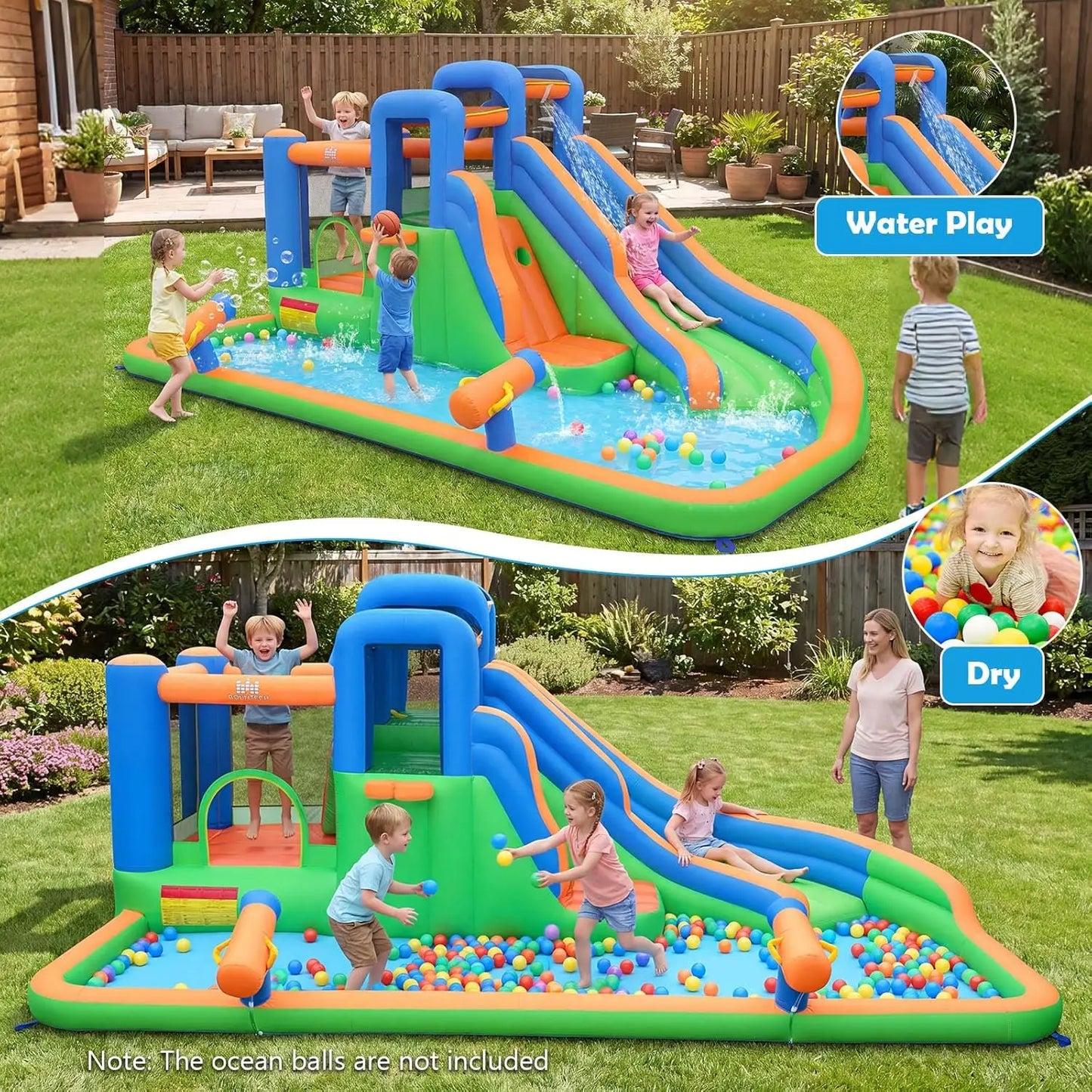 Inflatable Water Slide Bounce House, Kids Water Park Jump Castle w/Large Splash Pool, 2 Climbing Walls, Water Slides Inflatables