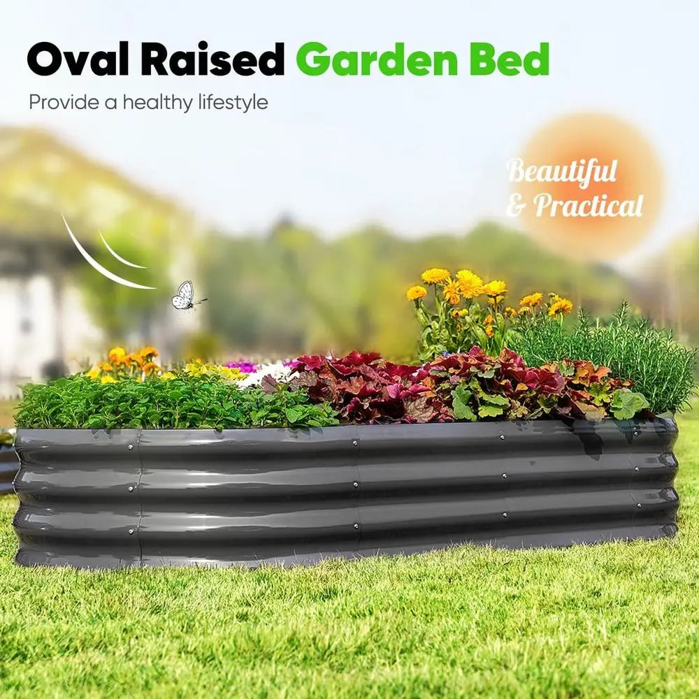 Large Oval Galvanized Metal Garden Bed with Auto-Watering and Mesh Cover for Growing Vegetables, Herbs, and Flowers