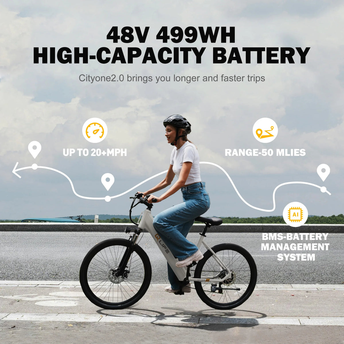 Qlife Cityone ST 2.0  26" Electric Bike for Adults, 1200W Peak Motor 48V 10.4Ah Battery, 28MPH 55 Miles, 7-Speed Electric Bicycle with Front Suspension