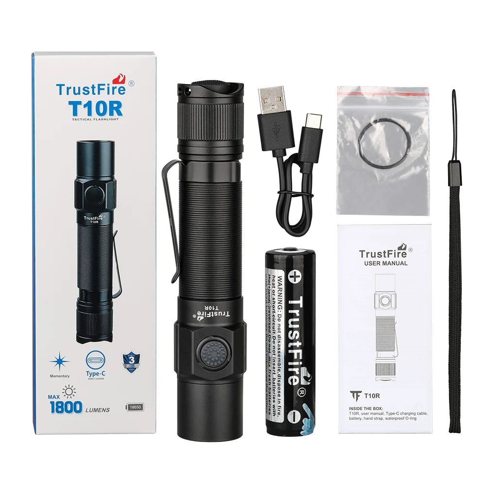 Trustfire T10R  Led Flashlight 1800 Lumen Powerful Type C USB Rechargeable 18650 Torch Lamps High Power Lamp Dual Switch