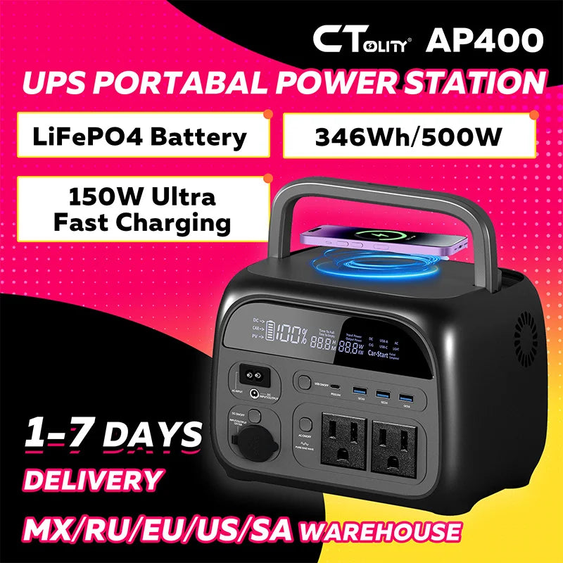 CTOLITY AP400 500W Solar Generator Portable Power Station 345Wh LiFePO4 Battery 110V 220V AC Output Home Camping Travel RVs