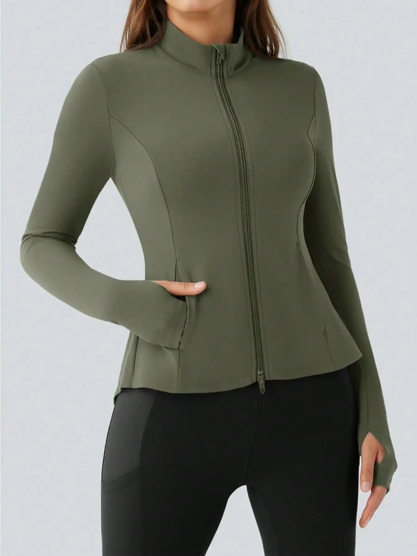 Fisoew Pleated Athletic Jacket, Women's Slim Fit Zip-Up Workout Top With Stand Collar & Thumb Holes, Athleisure Wear