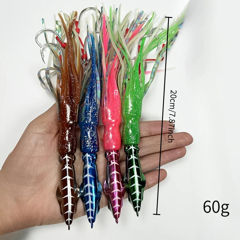 2‑pack Luminous Slow‑jig Squid‑Head Fishing Lures, 60G / 7.87‑inch Trolling Bait, Metal‑Head Squid‑Skirt Fishing Bait, Deep‑sea Boat‑fishing Luminous Bait, Suitable For Sea Bream, Sea Bass And Spanish Mackerel