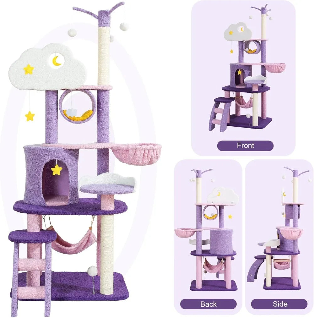 Cat Tree 65in Indoor Cat Tower Large Tall for Cats, Purple Pink Cloud Cat Tree with Scratching Post Hammock