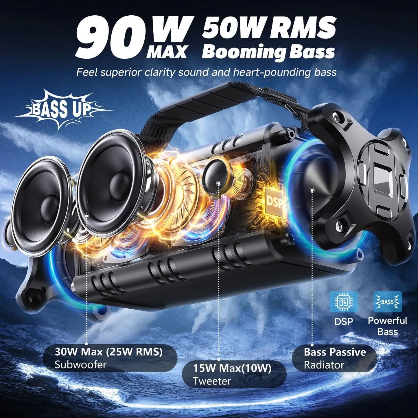 W-KING Portable 90W Max Bluetooth Speaker Outdoor Speaker Loud, IPX6 Waterproof/50W Deep Bass Subwoofer Wireless for Party