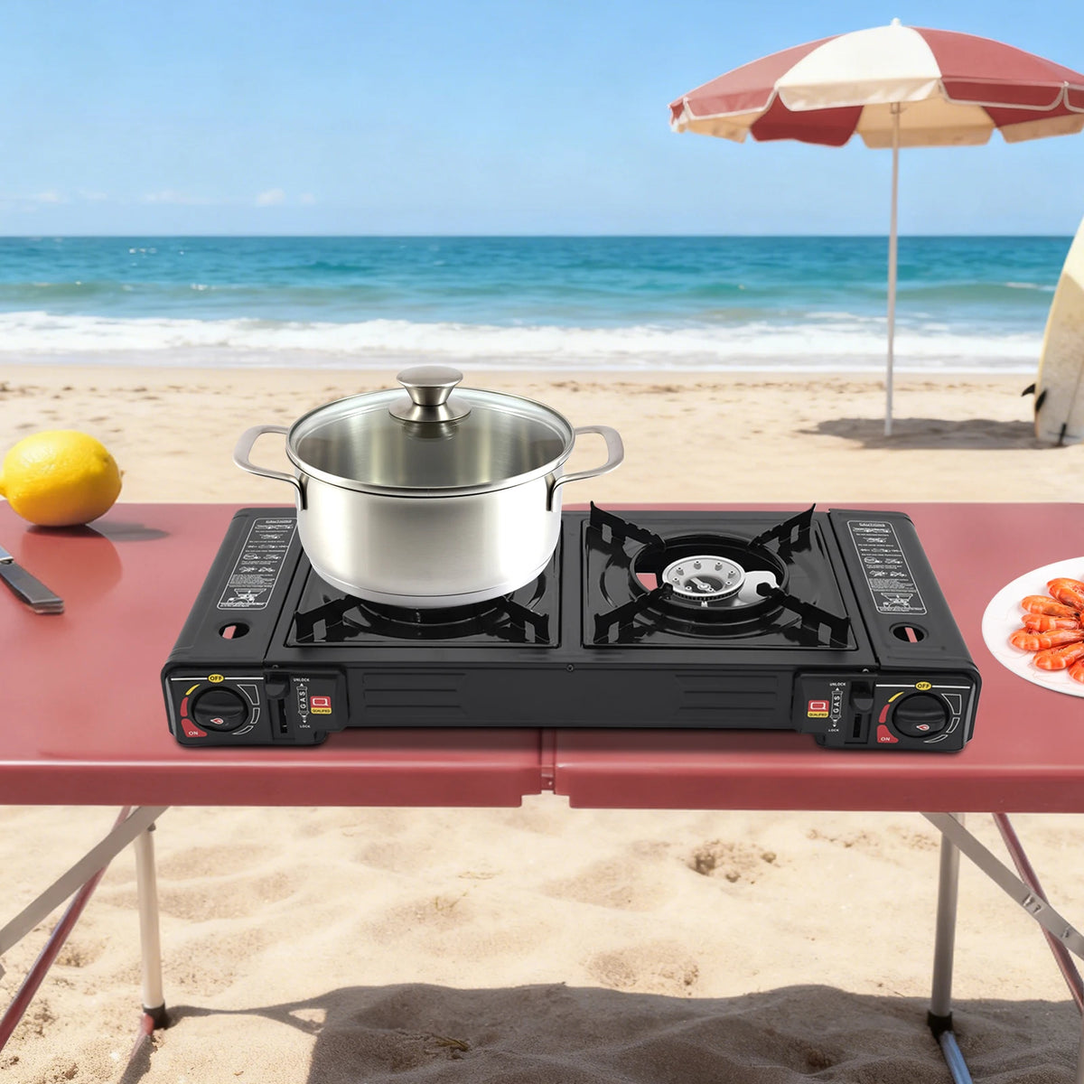 Portable Double Burner Gas Camping Stove With Piezo Ignition Case
