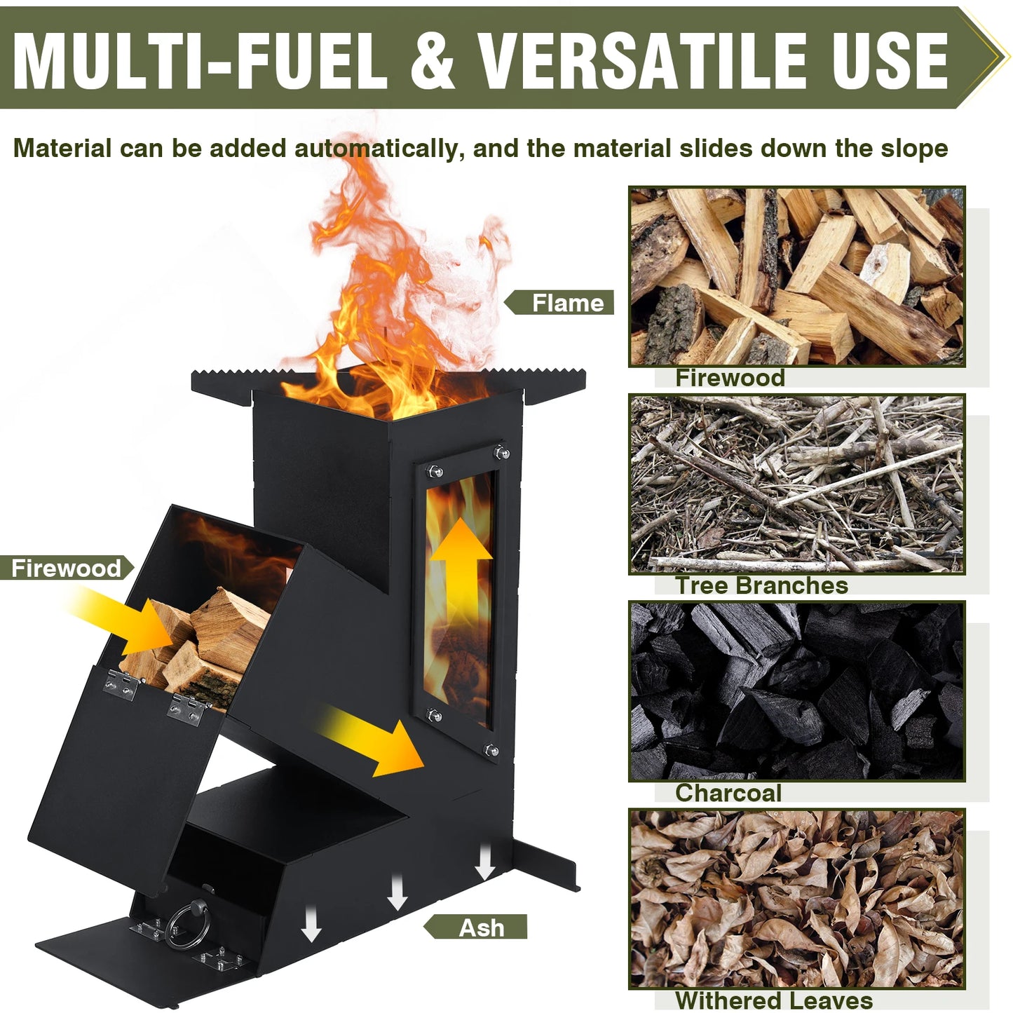 Portable Rocket Stove With Glass Door Wood Burning Outdoor Cooking Camping Grill For Survival Emergency