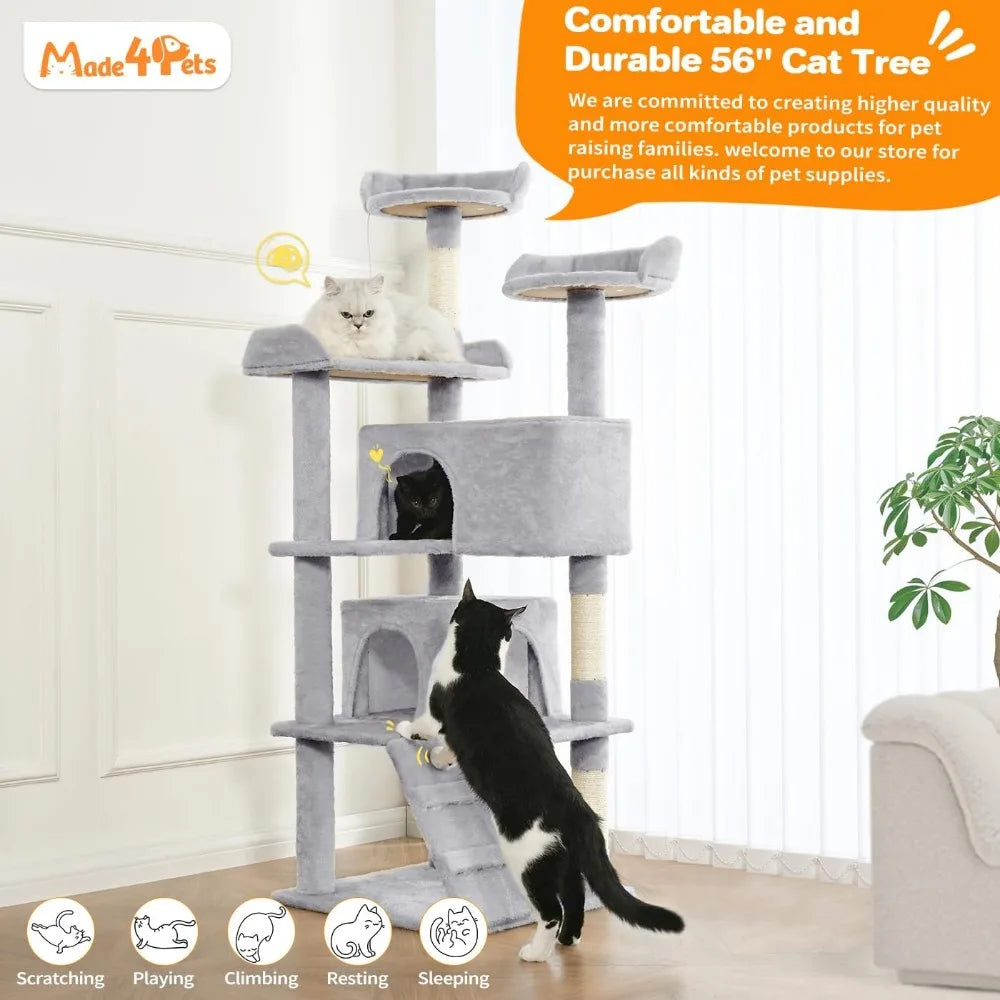 54 Inch Multi Level Cat Tree with Condos Scratching Posts Toys Indoor Activity Tower Light Grey