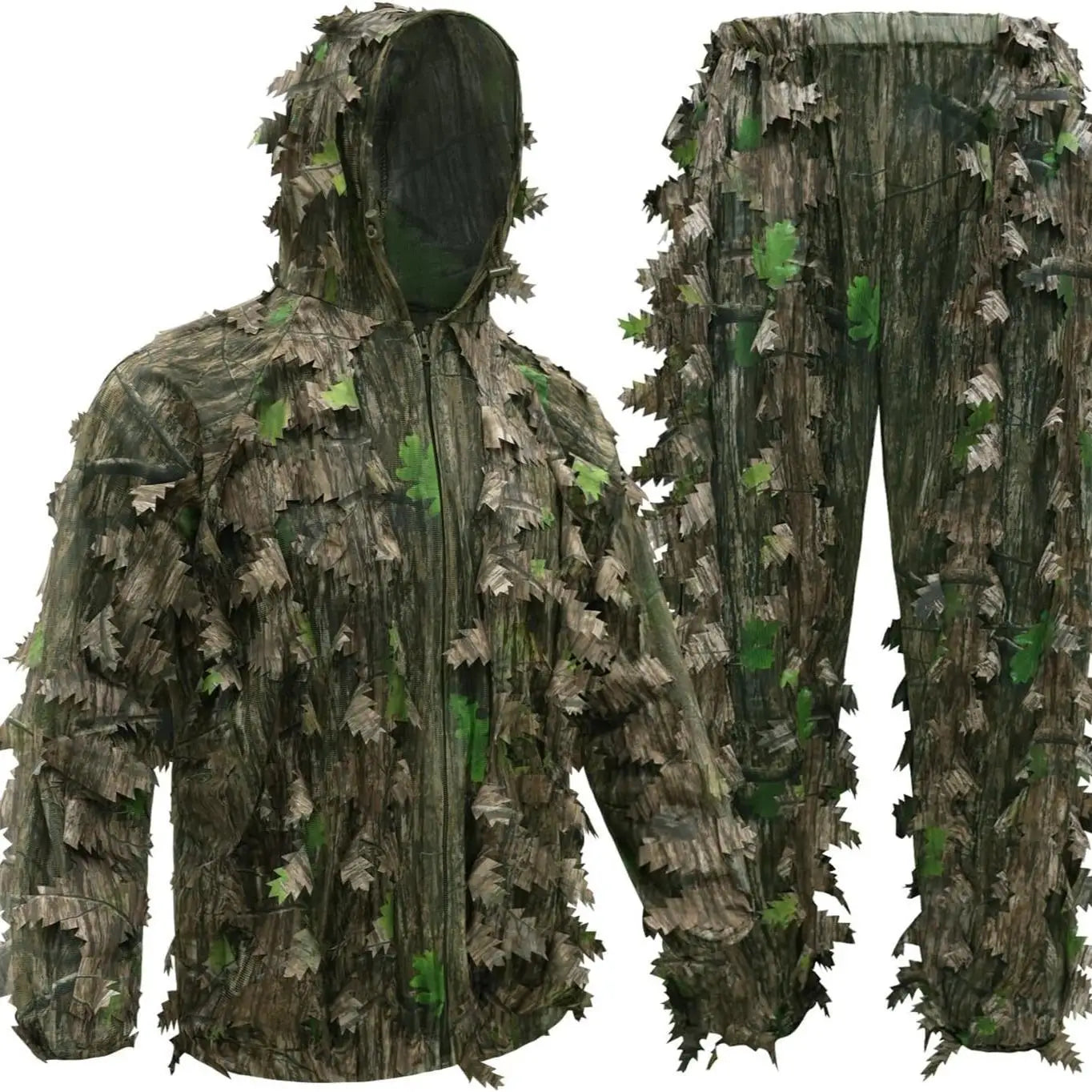 3D Bionic Leafy Ghillie Suit Camouflage Clothing Hunting Sniper Tactical Gear Breathable Mesh Jungle Woodland Stealth Apparel Elastic Waist Free Size For Outdoor Shooting Airsoft Paintball Wildlife Photography Men Gift