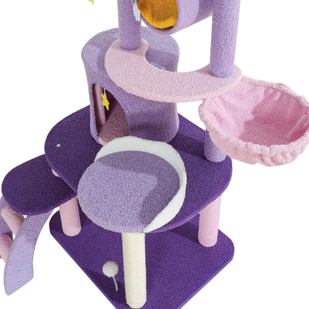 Cat Tree 65in Indoor Cat Tower Large Tall for Cats, Purple Pink Cloud Cat Tree with Scratching Post Hammock